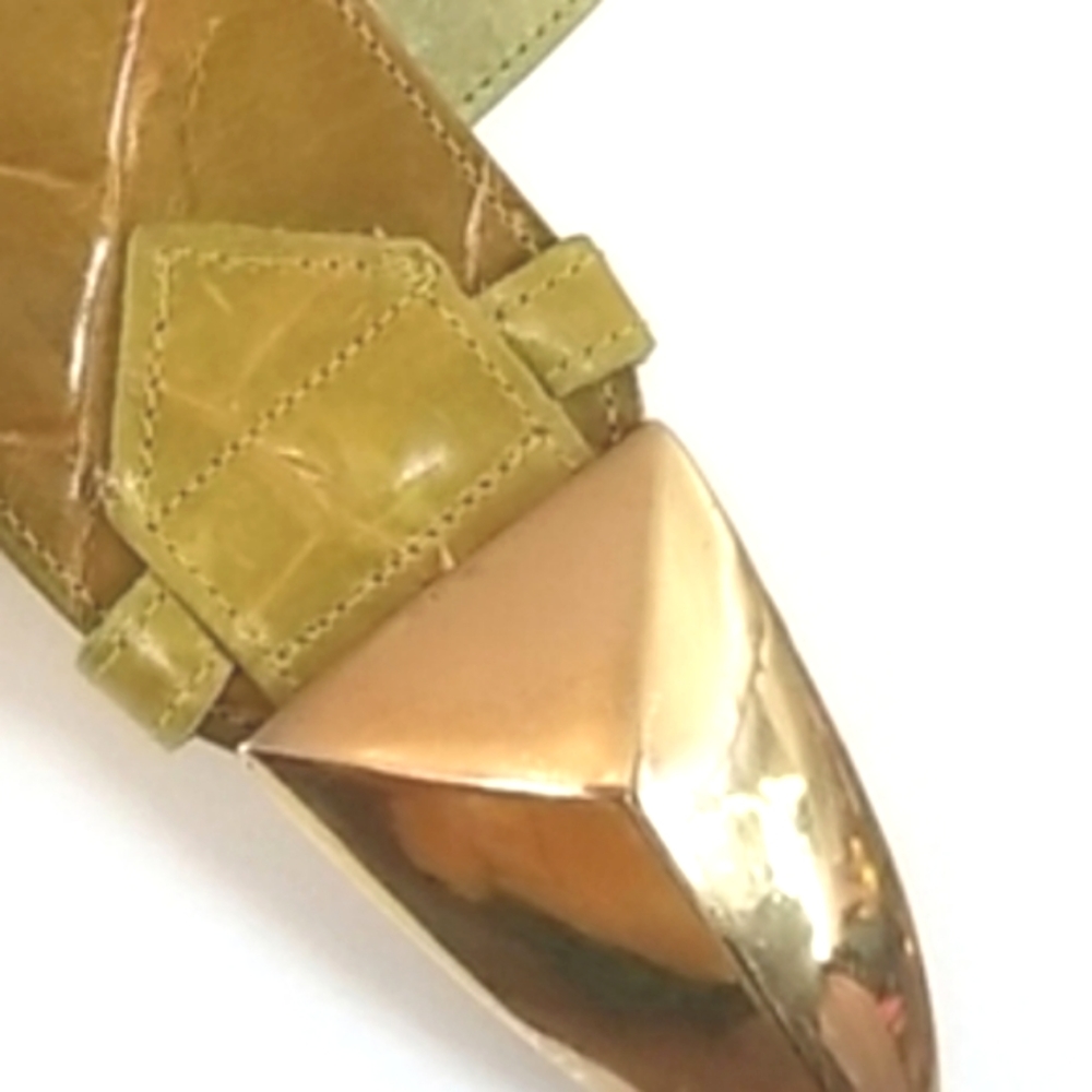 80's Vtg Leather Mod Brass Buckle Olive Pea Green 2.5" Waist BELT by DETAILS usa - Picture 2 of 13